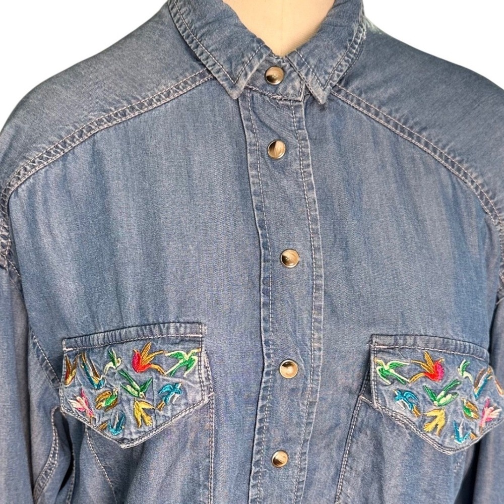 The Kooples Jeans Shirt Women S Blue Embroidered Bird Lyocell Snap Front Western - Picture 2 of 15